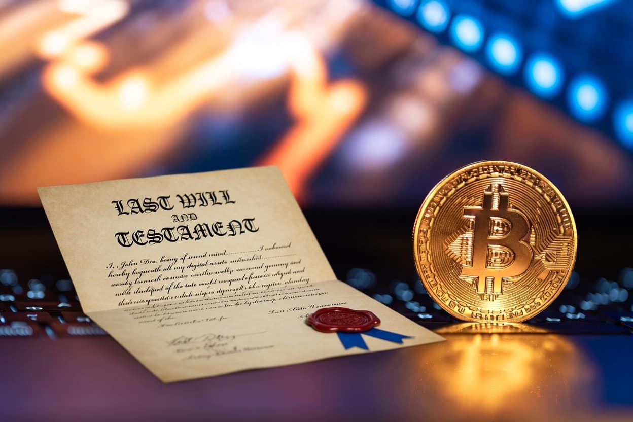 will and crypto – traditional will document next to locked crypto wallet