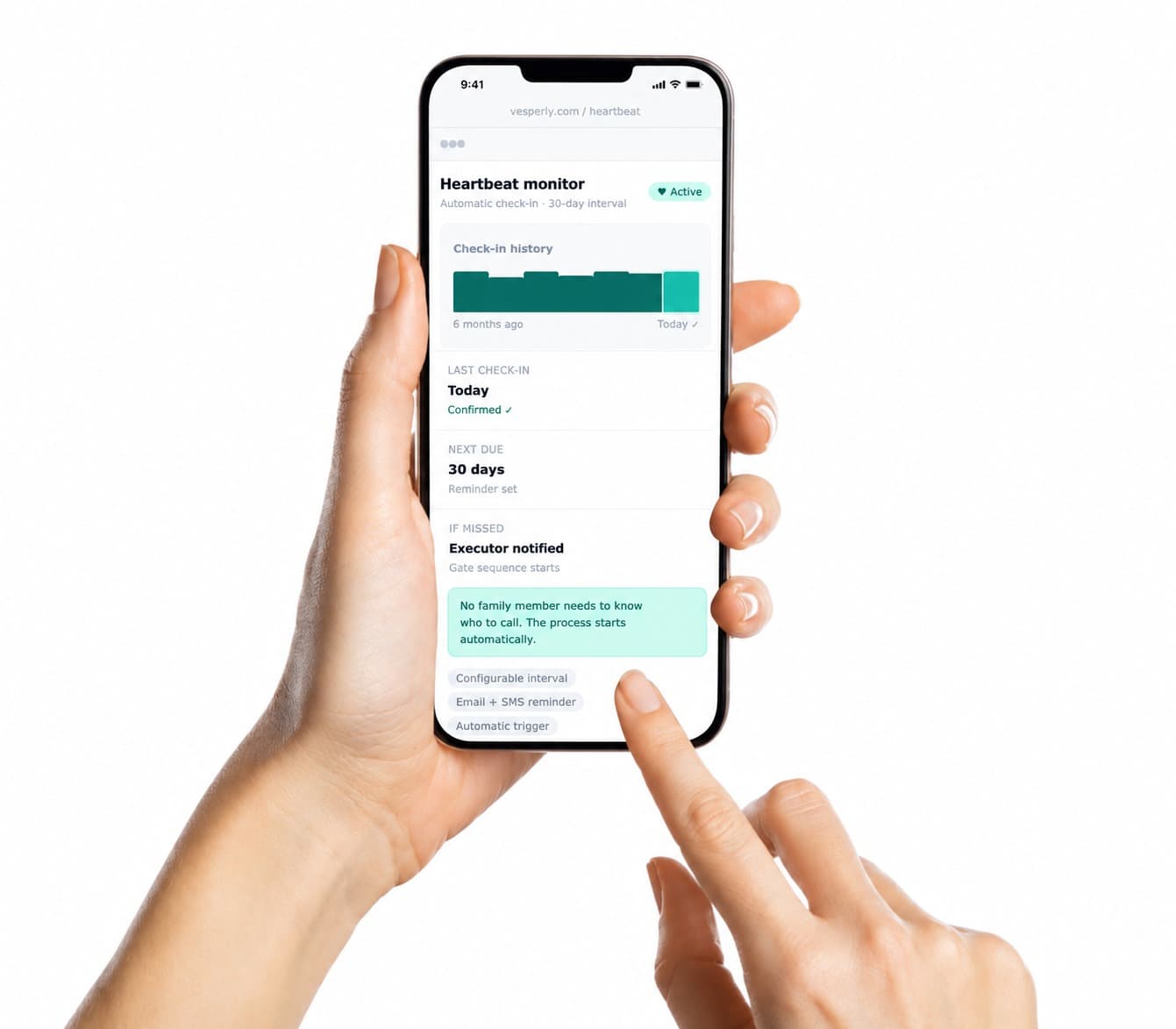 Vesperly heartbeat monitor on mobile showing automatic check-in and executor notification