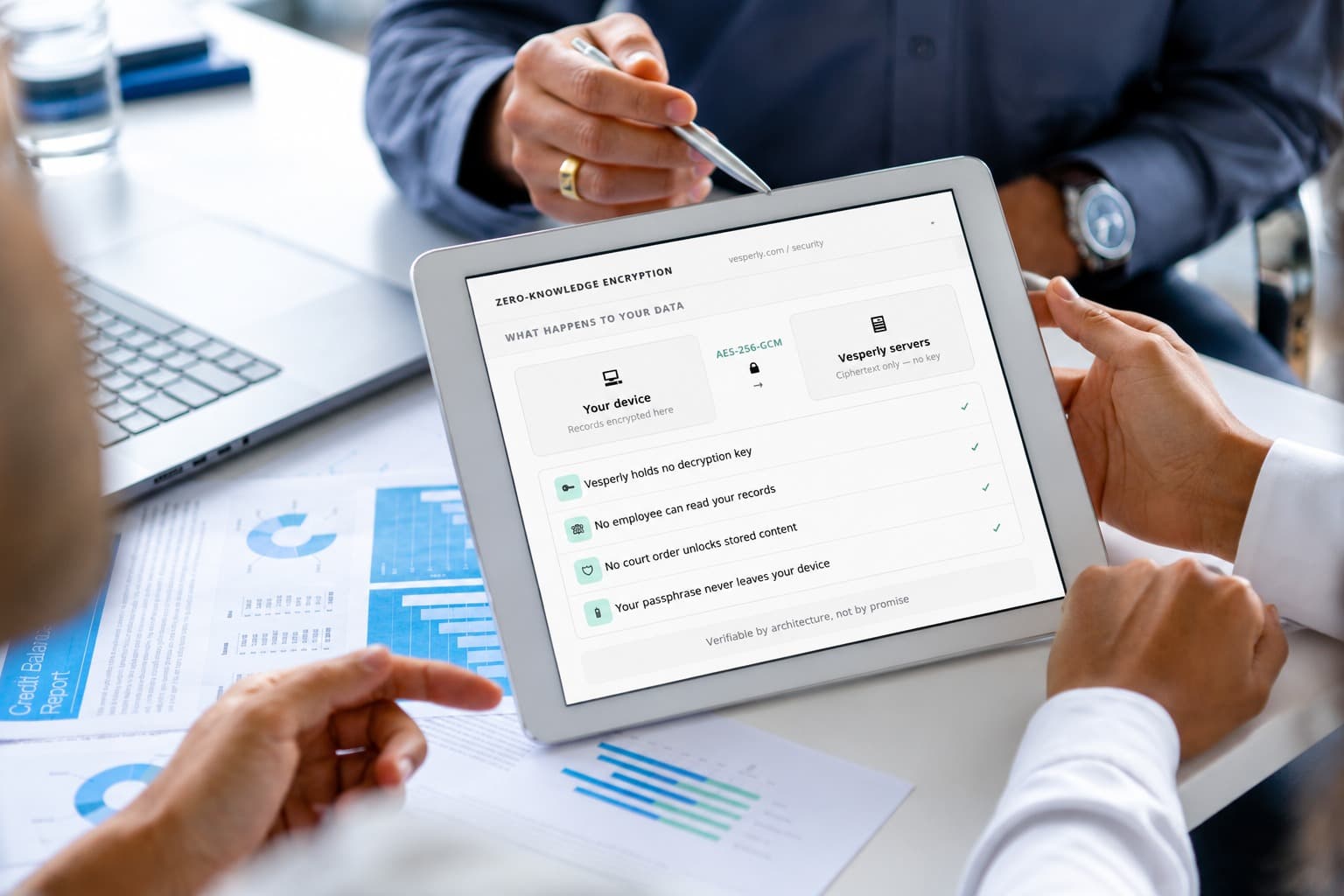 Vesperly zero-knowledge encryption interface on tablet